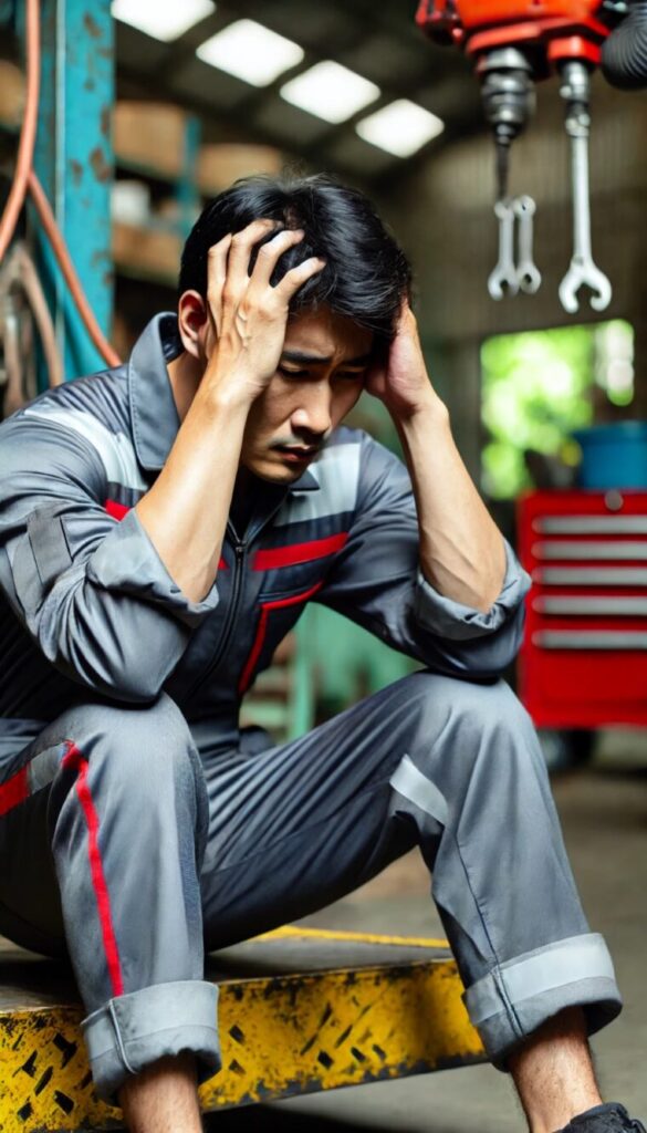 職場で頭を抱える作業員