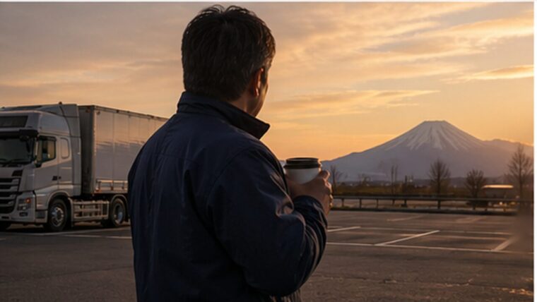 朝焼けのサービスエリアでコーヒーを片手に休憩するドライバーと富士山