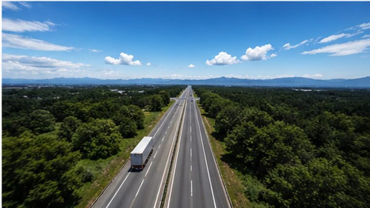ドローン視点で見た一直線の高速道路、空と地平線