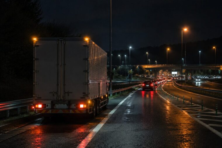 夜の高速道路と駐車場待ちのトラック