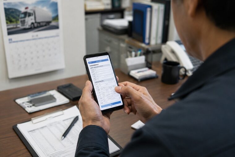 業務改善助成金の申請書をスマホで確認するドライバー