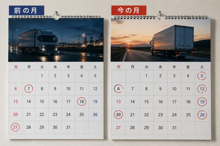 前月と今月のカレンダー比較（休日数の変化）