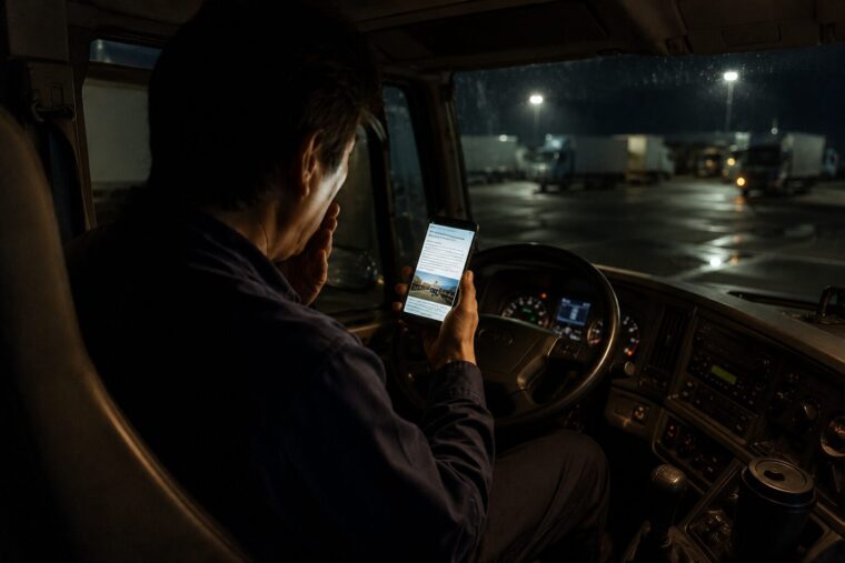 夜の運転席でスマホで情報を調べるドライバー