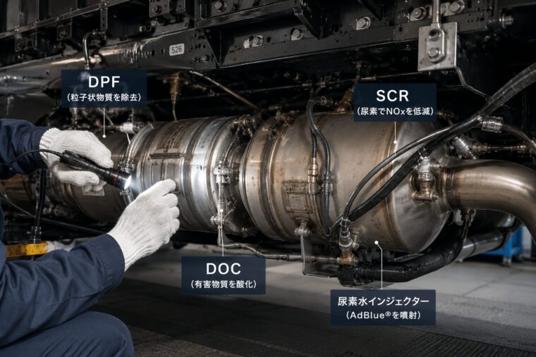 DPF/SCR/DOC など排ガス処理装置の図解