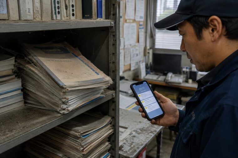 古い書類棚を背にスマホで通知を確認するドライバー
