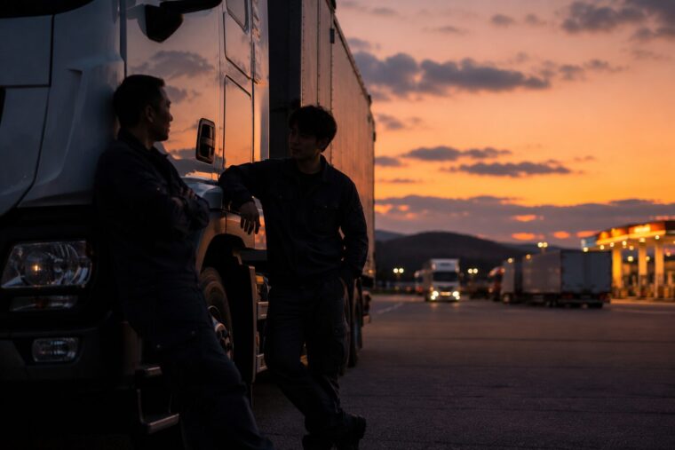 夕暮れのSAで立ち話する二人のトラック運転手