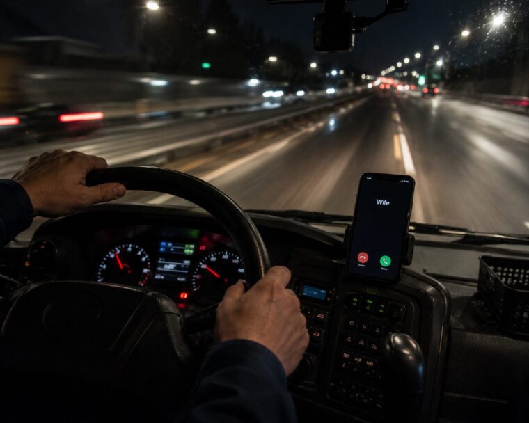 夜の高速、家族からの着信を受ける運転席