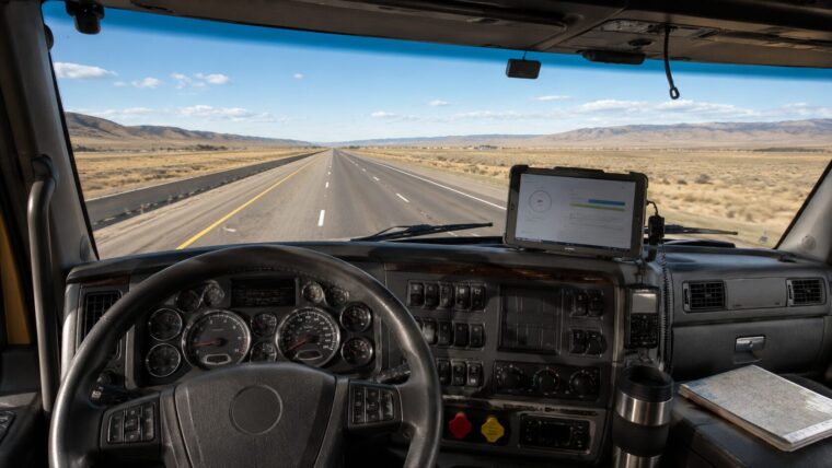 米国Class 8セミトラックの運転席視点・ELD電子記録装置とダッシュボード