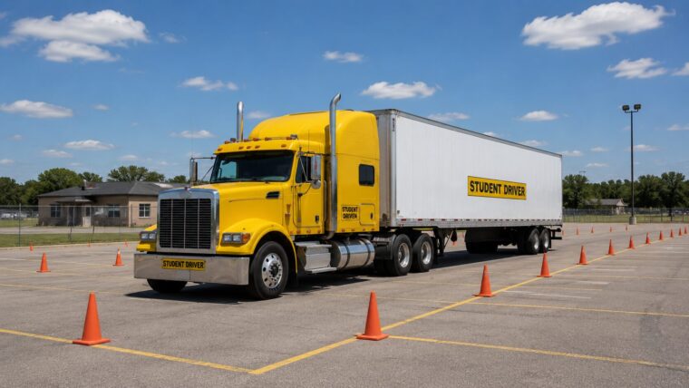 CDL Class A教習所の練習場・黄色いSTUDENT DRIVERトラクタトレーラー
