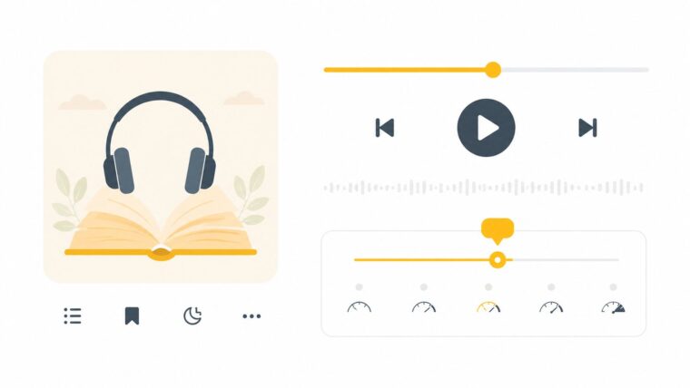 Audibleの操作UIを表したイラスト(ヘッドホン・本・再生バー)