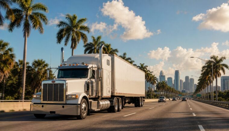 フロリダ州の幹線道路を走るアメリカの大型トラック