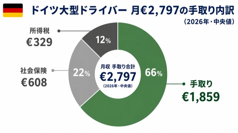 ドイツ大型トラックドライバー月€2,797の手取り内訳ドーナツチャート