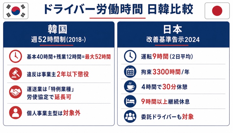 韓国週52時間制と日本改善基準告示2024のドライバー労働時間日韓比較