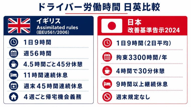 Assimilated rules(旧EU561/2006)と日本改善基準告示2024のドライバー労働時間日英比較