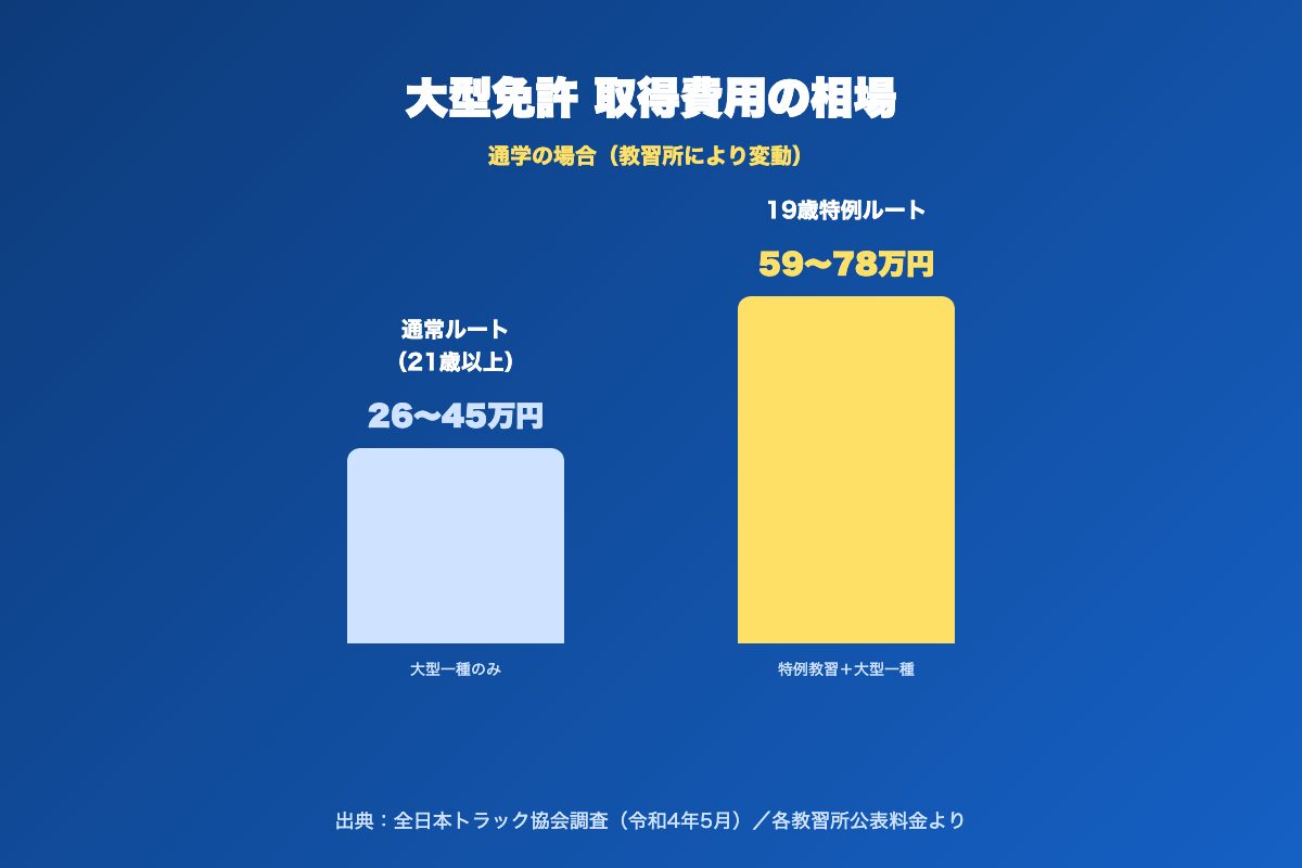 大型免許取得費用の相場(通常ルート26〜45万円、19歳特例ルート59〜78万円)