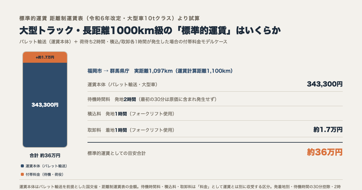 大型トラック長距離1000km級の標準的運賃の内訳。運賃本体343,300円と付帯料金約1.7万円で合計約36万円